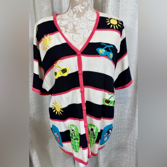 Hampshire Studio 2X Summer Cardigan —Striped Beach Theme Embroidered Sweater Top - Picture 3 of 6